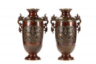 Appraisal: Pair of Japanese Bronze Handled Vases Qilin Motif Japanese early