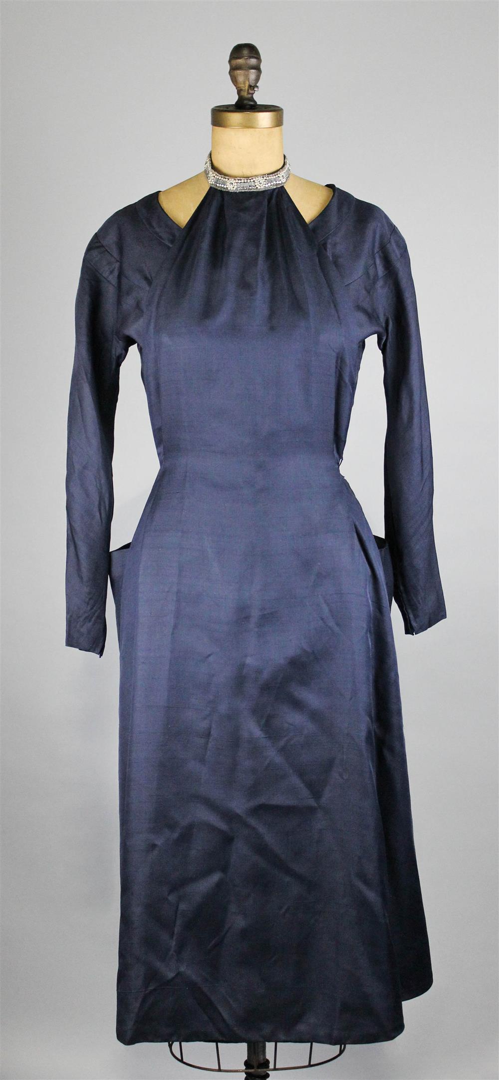 Appraisal: MID-CENTURY JOE WILEY NAVY BLUE SHANTUNG SILK DRESS WITH ATTACHABLE