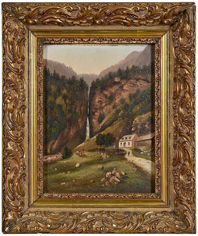 Appraisal: Hubert Sattler Austrian House by a Waterfall signed lower left