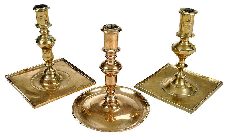 Appraisal: Three European Brass Candlesticks possibly Spanish late th century elongated