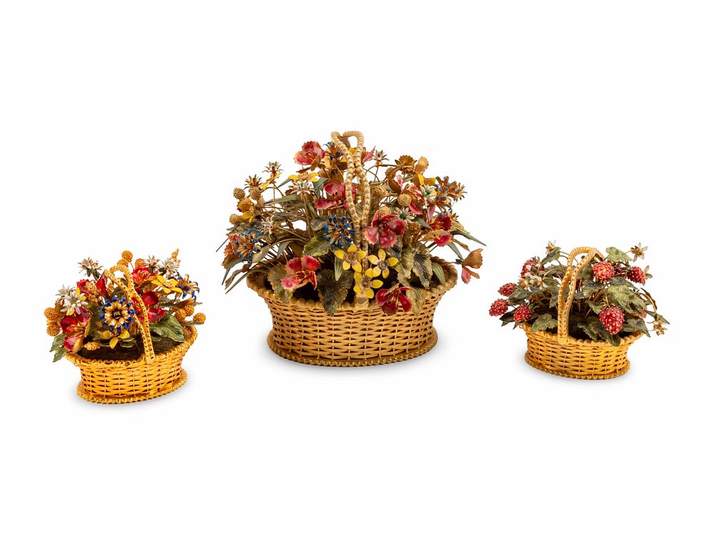 Appraisal: Three Gilt Metal and Enamel Flower-and-Basket Ornaments Three Gilt Metal