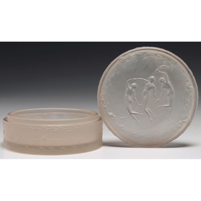 Appraisal: R Lalique box round form in frosted glass with dancing