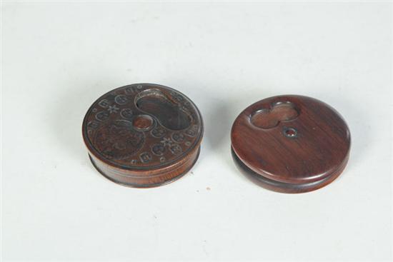 Appraisal: TWO SNUFF BOXES American th century mahogany Turned wood with