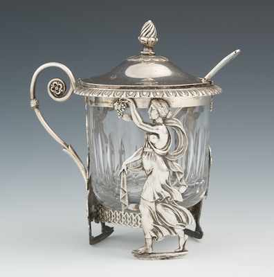 Appraisal: A French Silver and Crystal Condiment Pot with Silver Spoon