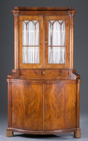 Appraisal: Biedermeier-Style Bowfront Corner Cupboard Mixed hardwoods with veneers Export label