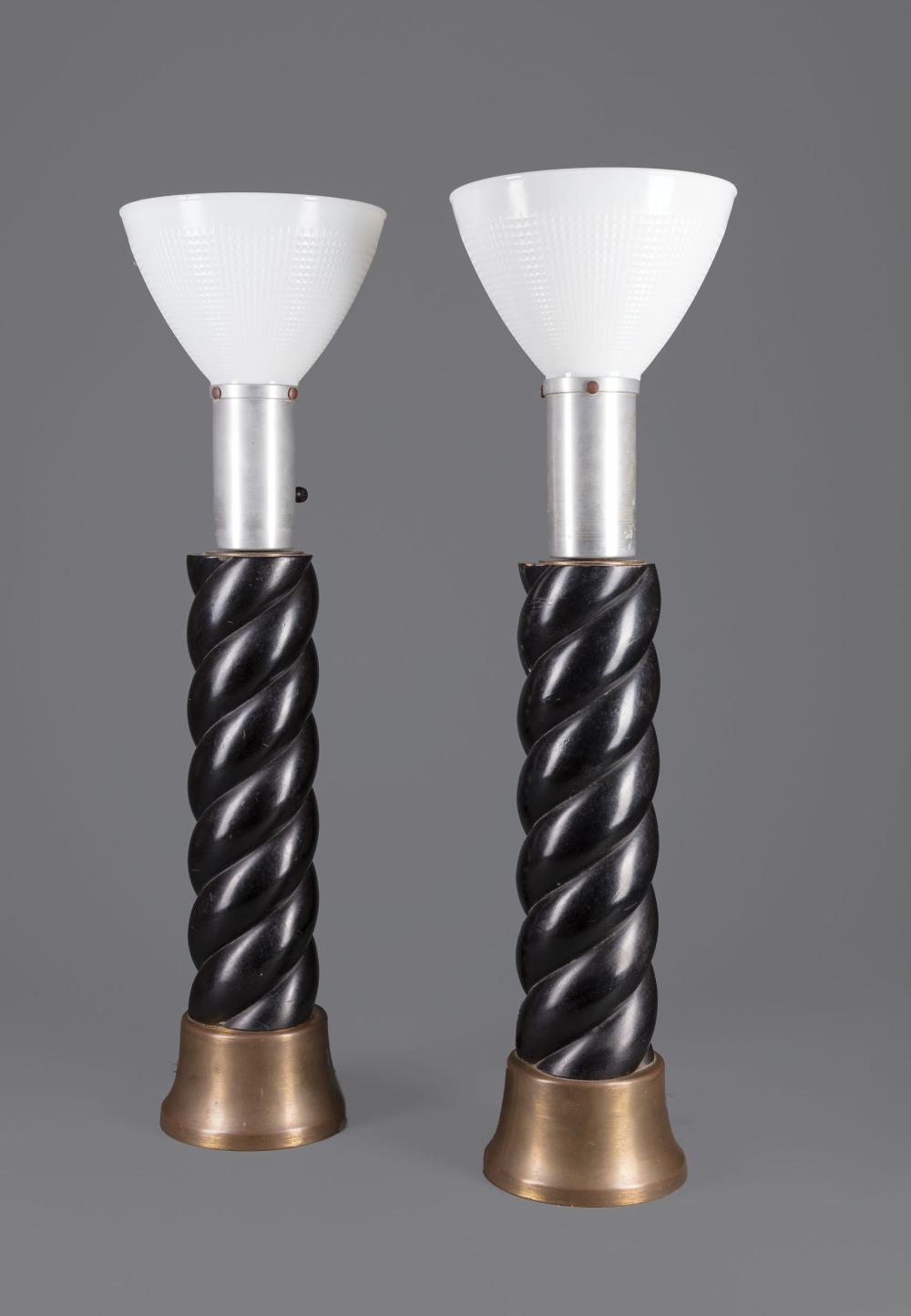 Appraisal: Pair of Ebonized Wood Brass and Aluminum Lamps Attributed to