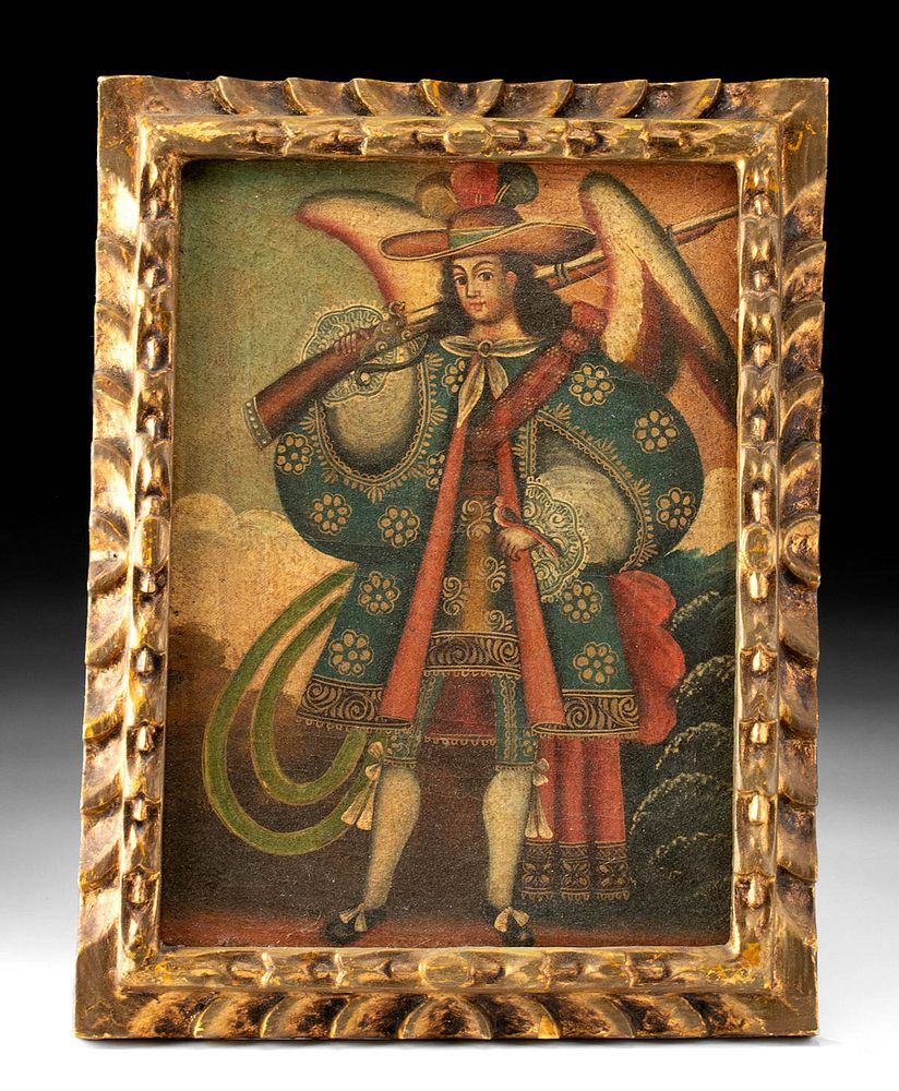 Appraisal: th C Spanish Colonial Painting Archangel w Harqebus Spanish Colonial