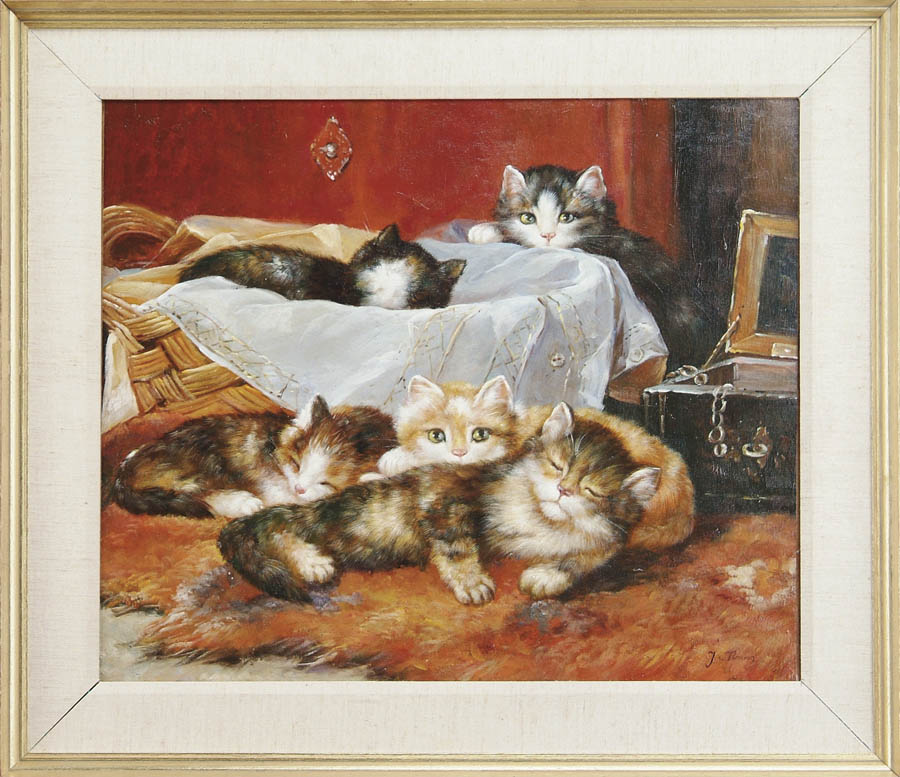 Appraisal: J TIOUNN th Century RESTFUL CATS Oil on canvas laid