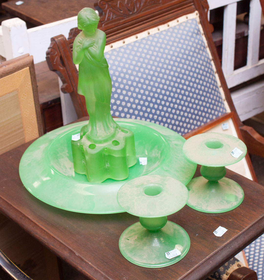 Appraisal: Green depression glass console set as is