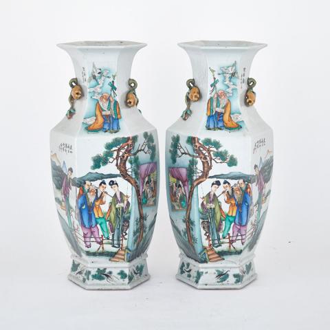 Appraisal: Pair of Large Famille Rose Hexagonal Figural Vases Republican Period