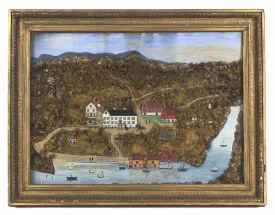 Appraisal: American School th century A Harbor Landscape mixed media collage