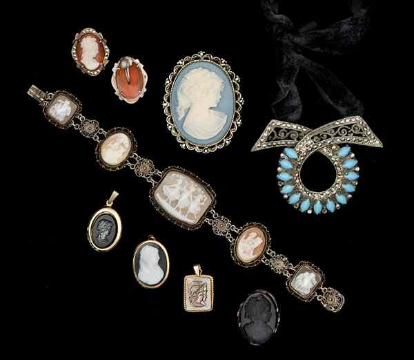 Appraisal: Cameo Costume Jewelry Collection A carved cameo bracelet with five