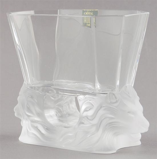 Appraisal: Lalique lion-decorated crystal vase oblong flaring paneled bowl supported by