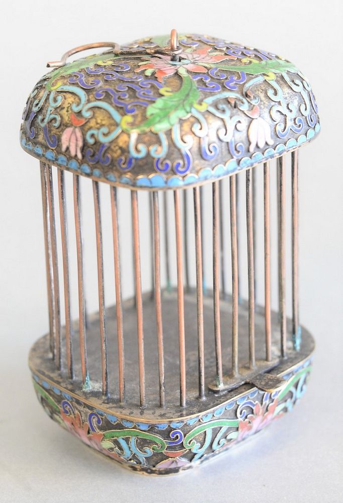 Appraisal: Chinese enamelled miniature birdcage with pull up door ht top