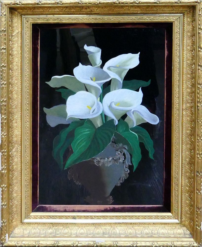 Appraisal: ANTIQUE OIL PAINTING ON MIRROR OF CALLA LILIES Antique oil