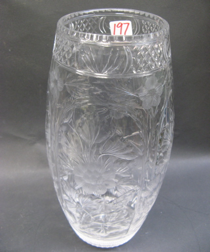 Appraisal: HAND CUT AND ENGRAVED CRYSTAL VASE with intaglio cut flowers