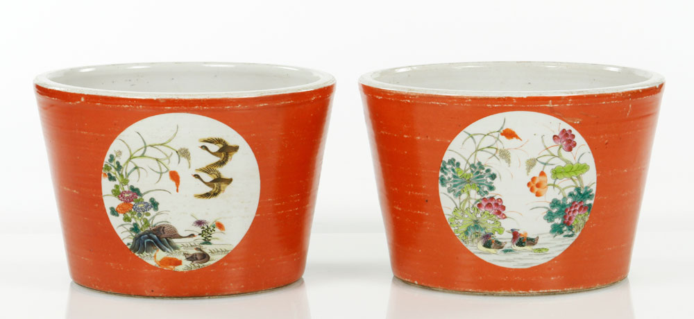 Appraisal: - Pair of Famille Rose Flower Pots Pair of Famille