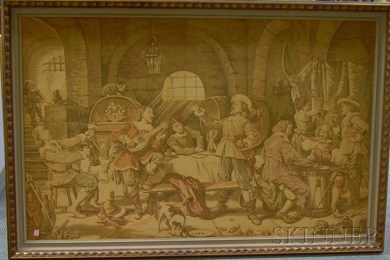 Appraisal: Large Framed Belgian Machine-made Tapestry Depicting a Tavern Interior Scene