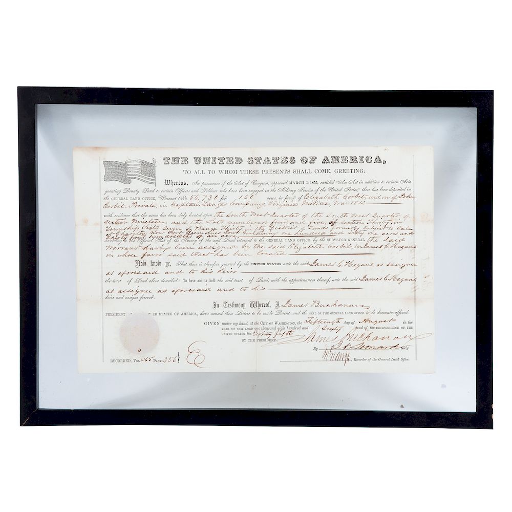 Appraisal: James Buchanan Signed Land Grant dated signed by th president