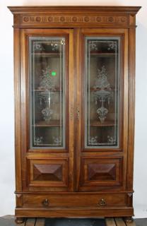 Appraisal: French Renaissance bookcase with etched glass doors in walnut Late