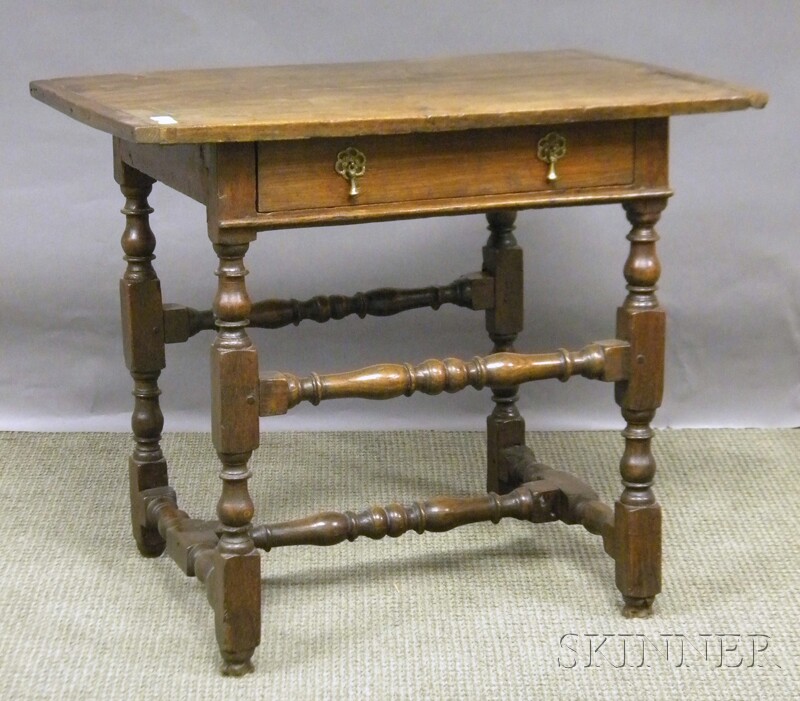 Appraisal: William Mary Oak Breadboard-top Stretcher-base Table with Drawer