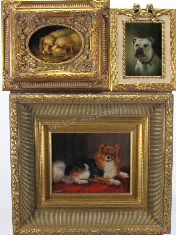 Appraisal: Three framed decorator paintings all depicting dogs in period-style frames