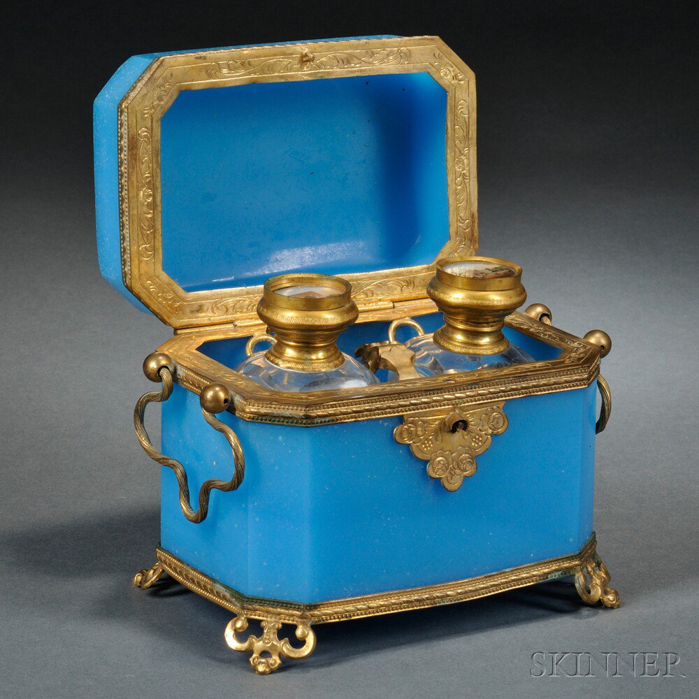 Appraisal: Brass-mounted Blue Opaline Box and Cover France th century the