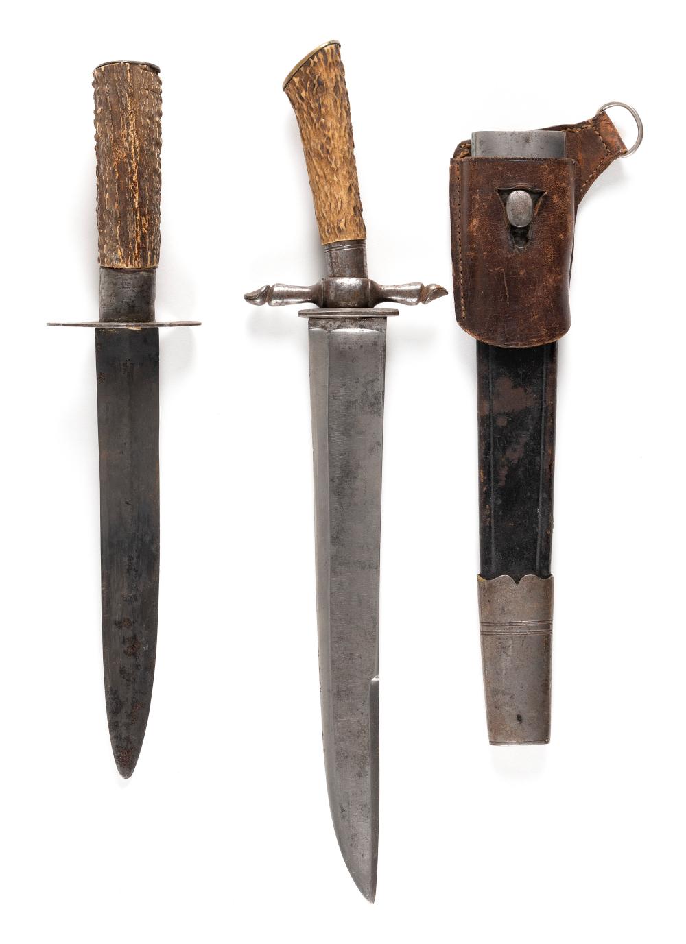 Appraisal: TWO STAGHORN-HANDLED HUNTING KNIVES LATE TH EARLY TH CENTURY LENGTHS