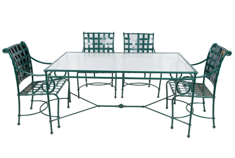 Appraisal: GREEN-PAINTED PATIO SETcomprising iron and glass top table inches wide