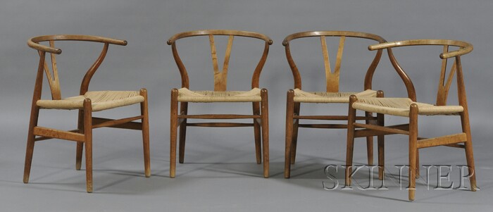 Appraisal: Four Hans Wegner Chairs Oak and cord Fabricated Carl Hansen