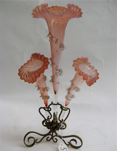 Appraisal: AMERICAN VICTORIAN THREE-PART EPERGNE cranberry shading to pink with clear