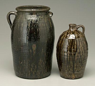 Appraisal: Lanier Meaders jug churn both with runny olive alkaline glaze