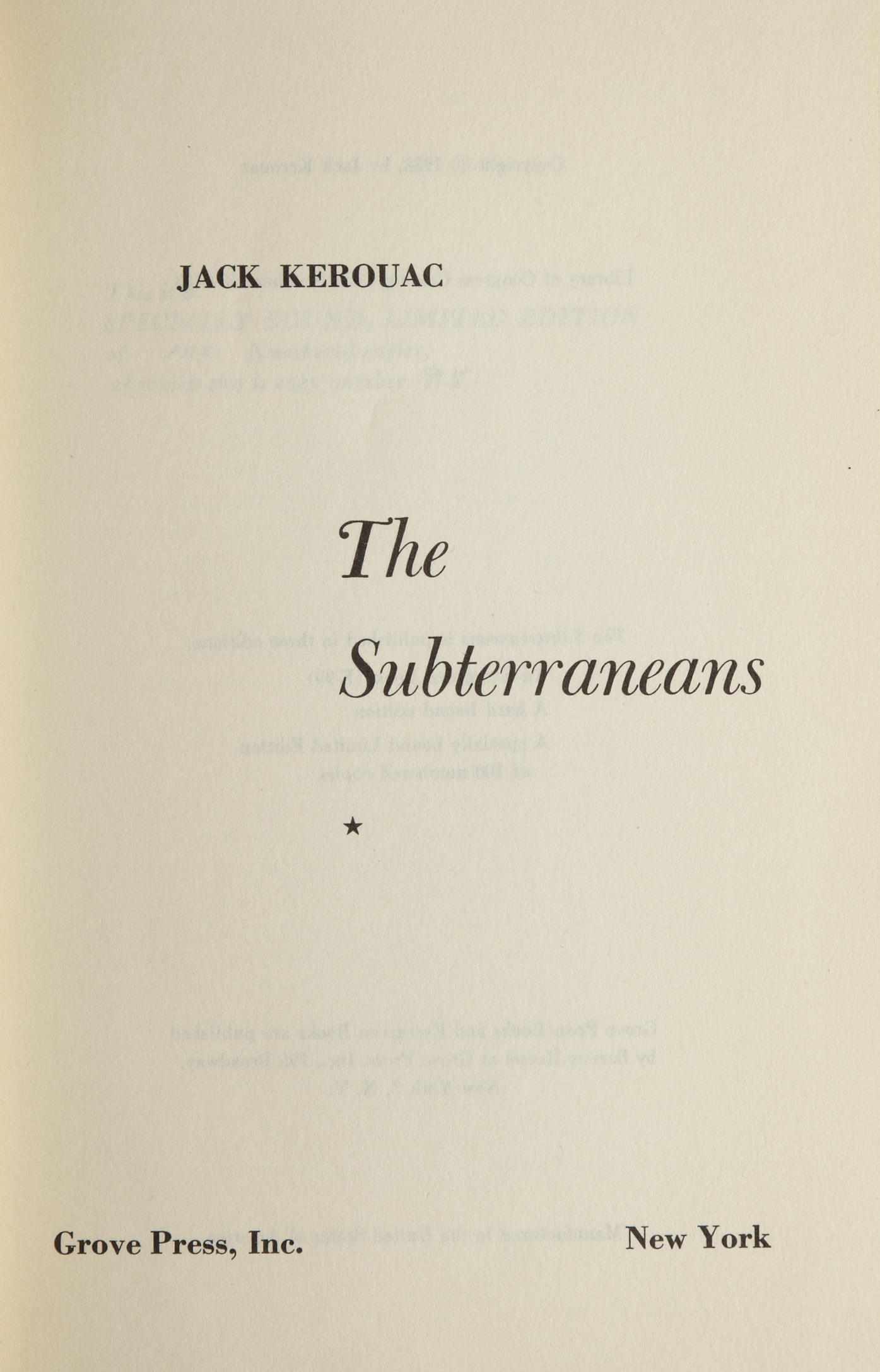 Appraisal: KEROUAC JACK - The Subterraneans New York Grove Press Original