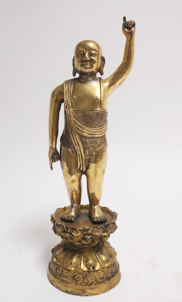 Appraisal: Sino-Tibetan Gilt Bronze Standing Man on lotus bases H x