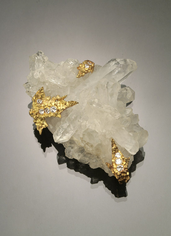 Appraisal: French -Karat Yellow-Gold Colorless Quartz and Diamond Brooch Set with