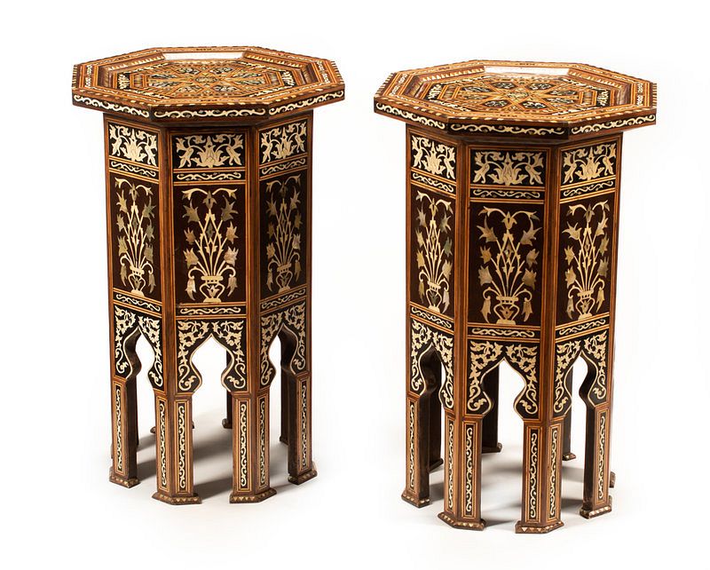 Appraisal: A Pair of Moorish Style Marquetry Tables Height x diameter