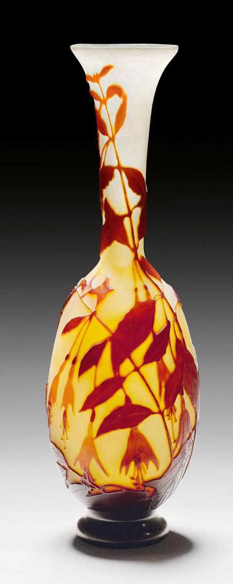 Appraisal: GALL MILE BUD VASE circa Acid-etched white glass with red