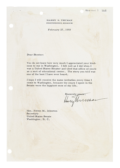 Appraisal: TRUMAN HARRY S Typed Letter Signed to U S Senate