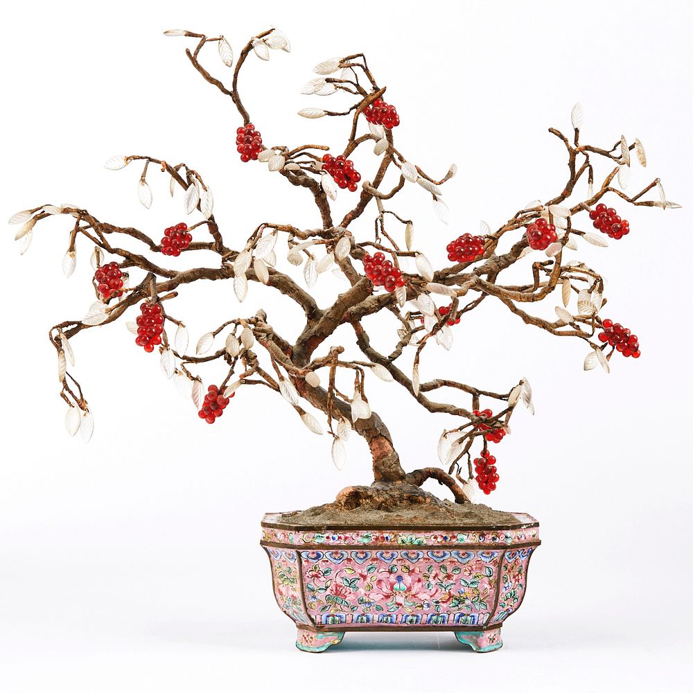 Appraisal: Chinese Gem Hardstone Tree in Enameled Planter A fine early