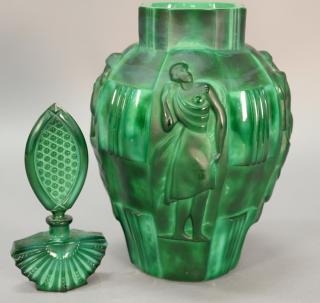 Appraisal: Two malachite green glass pieces including a Greek Revival vase