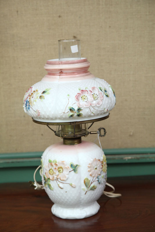 Appraisal: KEROSENE LAMP Attributed to Consolidated Half milk glass shade with