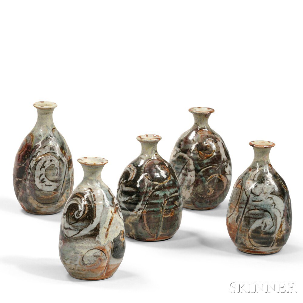 Appraisal: Five Mikoto Yabe - Bottle-form Vases Glazed earthenware Massachusetts late