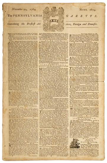 Appraisal: FRANKLIN IMPRINT The Pennsylvania Gazette Philadelphia B Franklin and D