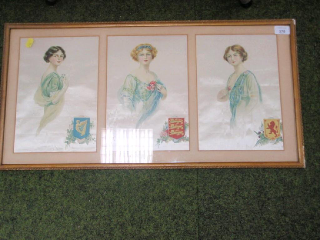 Appraisal: Early thC printed silk panel as a triptych depicting ladies