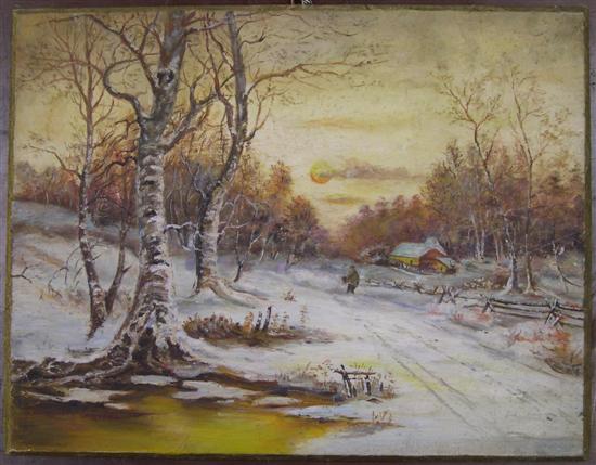 Appraisal: Oil on panel unframed naive winter scene setting sun figure