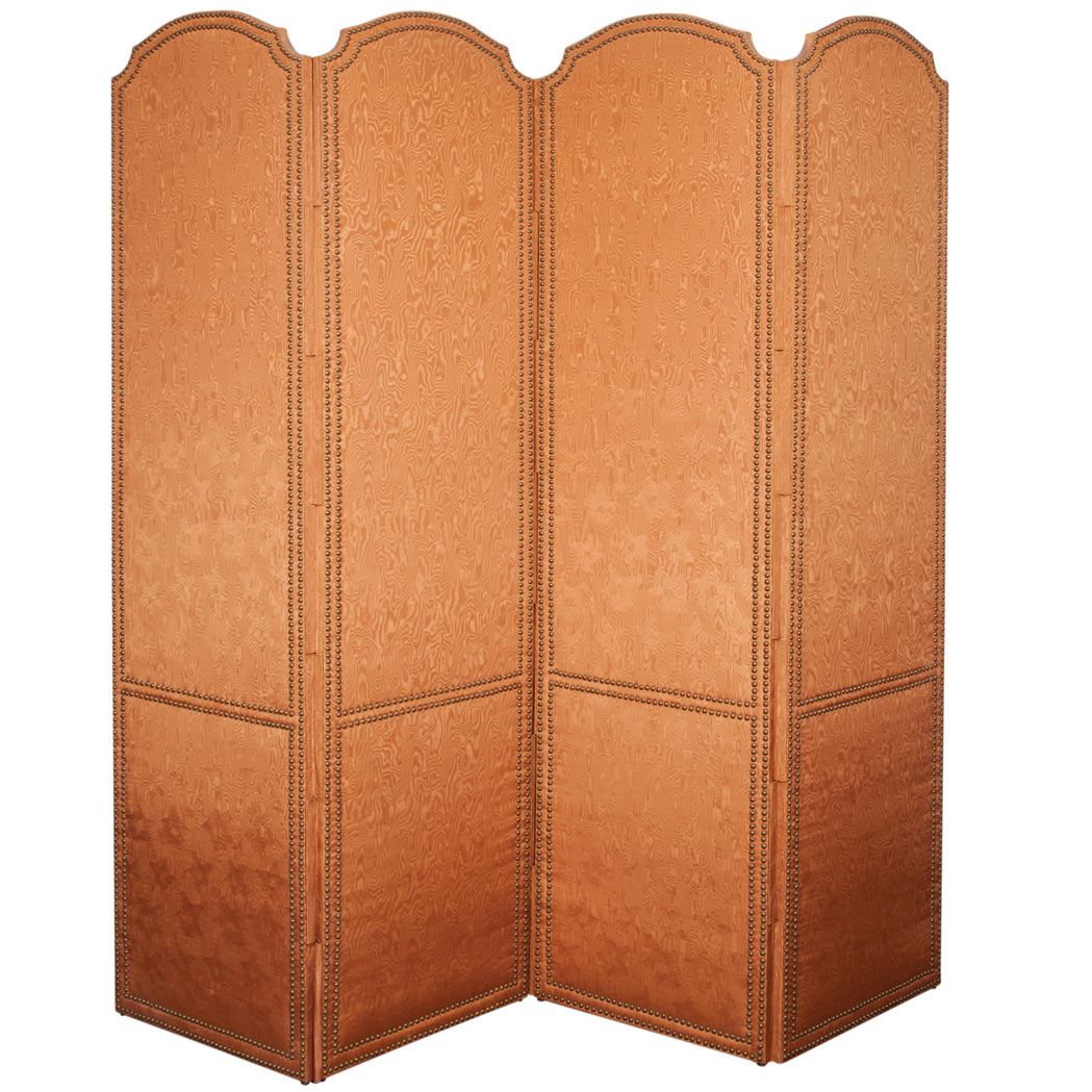 Appraisal: Watered Silk Four-Panel Screen Each rectangular panel with arched cresting