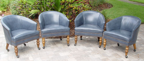 Appraisal: CUSTOM ETHAN ALLEN BLUE LEATHER CLUB CHAIRS On casters Measures