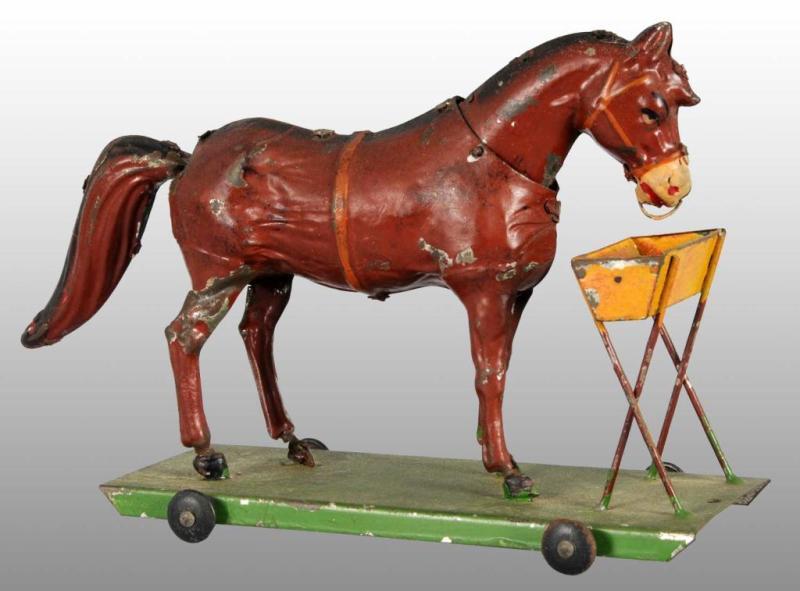 Appraisal: Tin Hand-Painted Horse Platform Wind-Up Toy Description German Working When