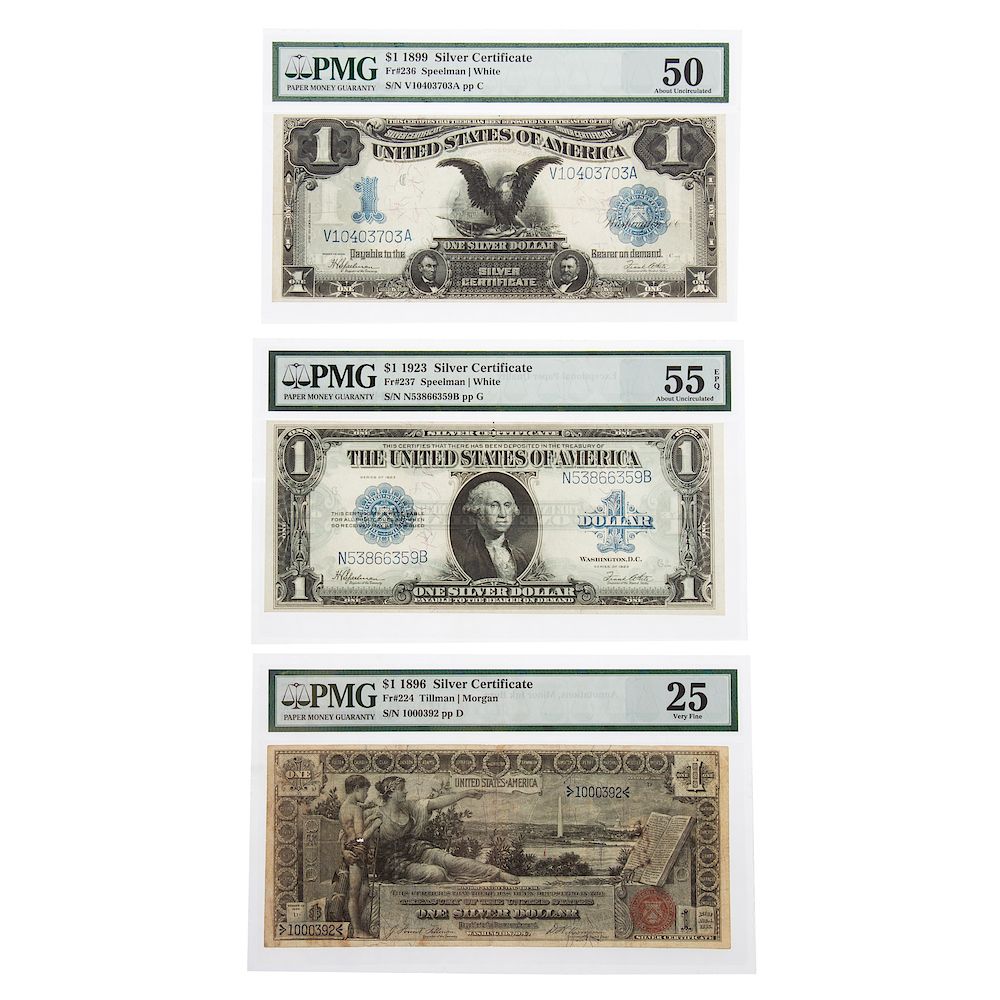 Appraisal: Trio of Nice Iconic Silver Certificates FR PMG graded VF