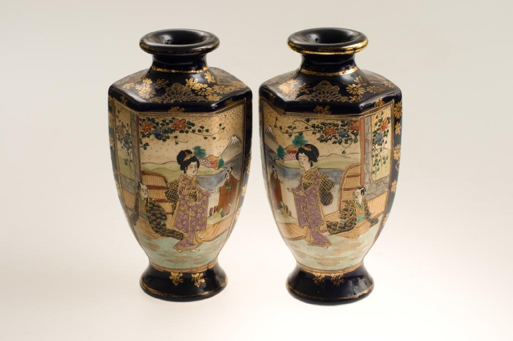 Appraisal: PAIR OF SATSUMA VASES EARLY th CENTURY each of hexagonal